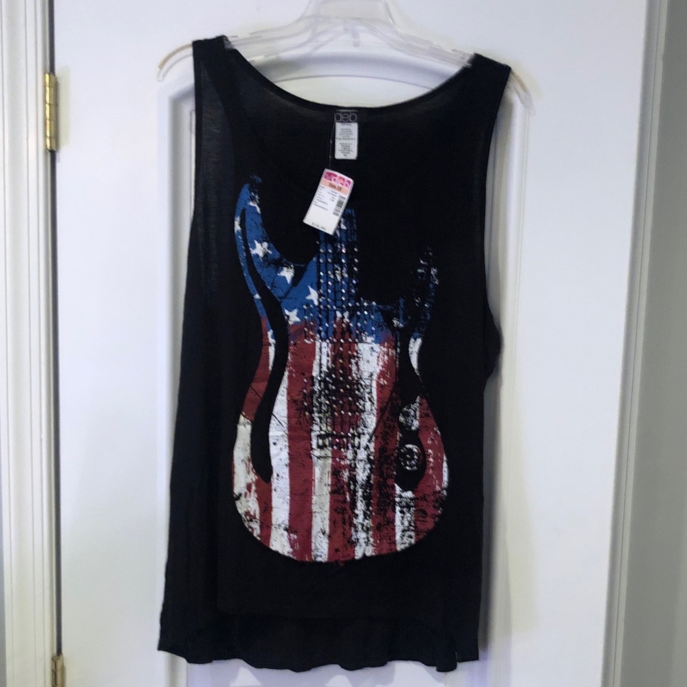 Deb Black Tank Top with American Flag Guitar Design